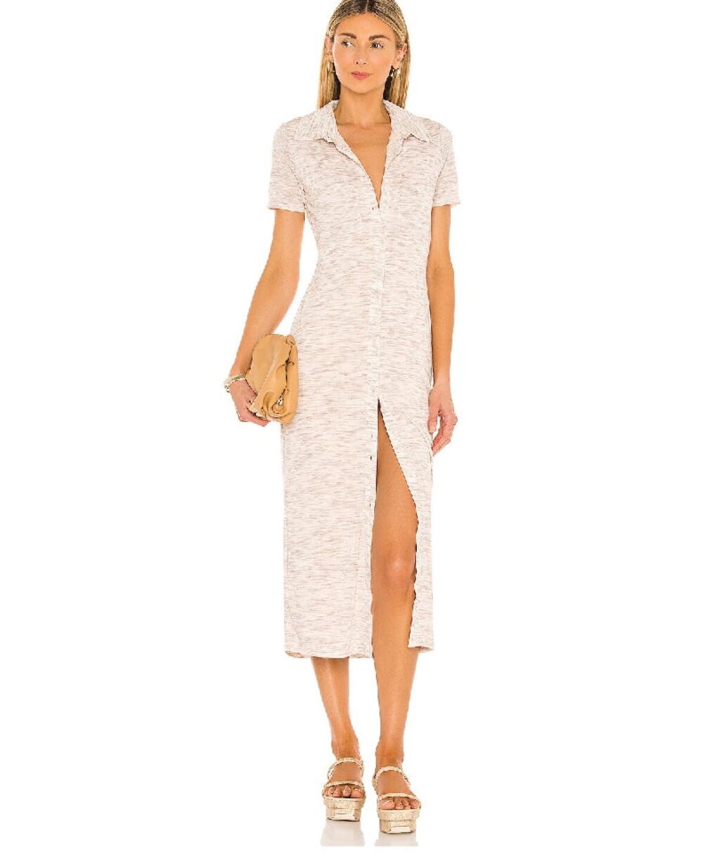 Lovers and Friends Kayce Midi Dress Jersey Knit Button Down Marled Natural Med